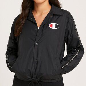 Champion Black Bomber Jacket | Size M | Adjustable Waist & Zipper Sleeves